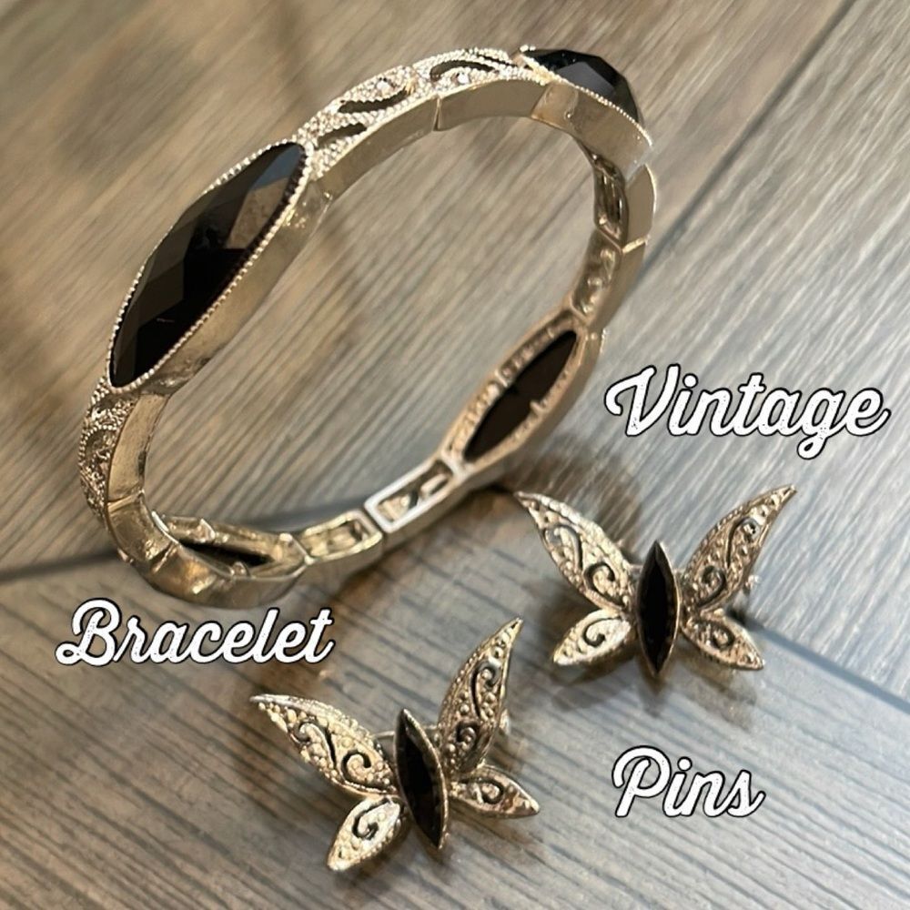 2 Vintage Sliver-tone Butterfly with Jet Black Rhinestone with Bracelet